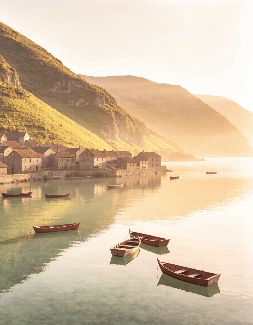 Wooden boats moored in a calm walled bay below green mountains at first light
